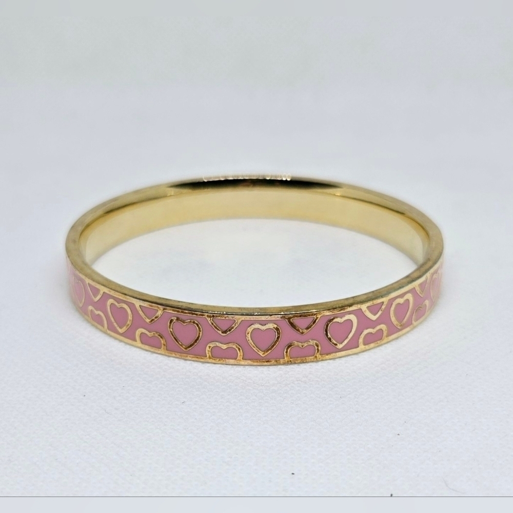 Gold Pink Heart Enamel Bangle Bracelet Chic Romantic Jewelry